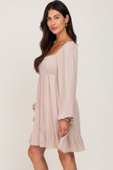 Taupe Square Neck Puff Long Sleeve Dress