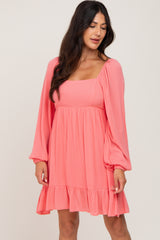 Coral Square Neck Puff Long Sleeve Maternity Dress