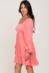 Coral Square Neck Puff Long Sleeve Dress