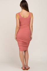 Rust Ribbed Split Front Ruched Maternity Dress