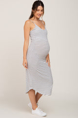 White Sleeveless Ribbed Striped Maternity Midi Dress