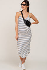 White Sleeveless Ribbed Striped Maternity Midi Dress