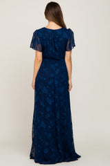 Navy Blue Floral Applique Chiffon Maternity Maxi Dress