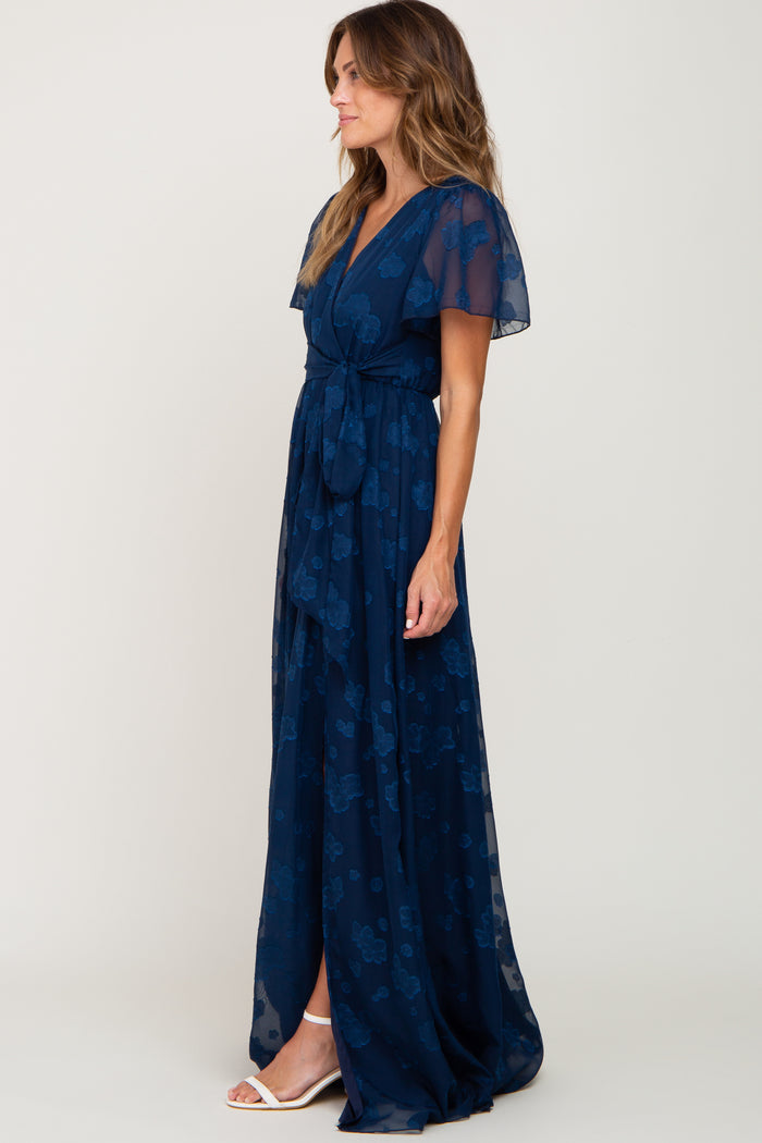 Navy Blue Floral Applique Chiffon Maxi Dress