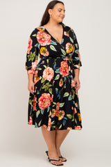 Black Floral Wrap Front Sash Waist Plus Midi Dress