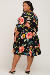 Black Floral Wrap Front Sash Waist Maternity Plus Midi Dress