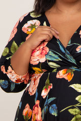 Black Floral Wrap Front Sash Waist Maternity Plus Midi Dress