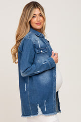 Blue Distressed Frayed Hem Maternity Denim Jacket