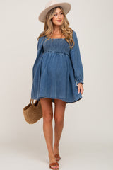 Blue Denim Smocked Maternity Mini Dress