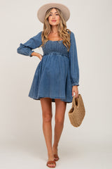 Blue Denim Smocked Maternity Mini Dress