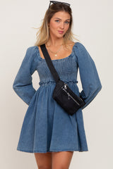 Blue Denim Smocked Maternity Mini Dress