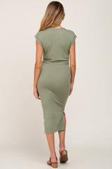 Sage Fitted Side Slit Maternity Midi Dress