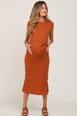 Rust Fitted Side Slit Maternity Midi Dress