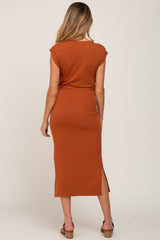 Rust Fitted Side Slit Maternity Midi Dress