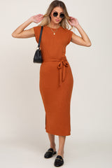 Rust Fitted Side Slit Maternity Midi Dress