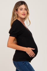 Black Ribbed Puff Sleeve Maternity Top