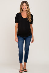 Black Ribbed Puff Sleeve Maternity Top