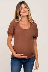 Mocha Ribbed Puff Sleeve Maternity Top