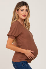 Mocha Ribbed Puff Sleeve Maternity Top