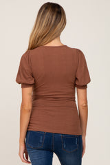 Mocha Ribbed Puff Sleeve Maternity Top