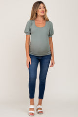 Light Olive Ribbed Puff Sleeve Maternity Top