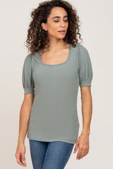 Light Olive Ribbed Puff Sleeve Maternity Top