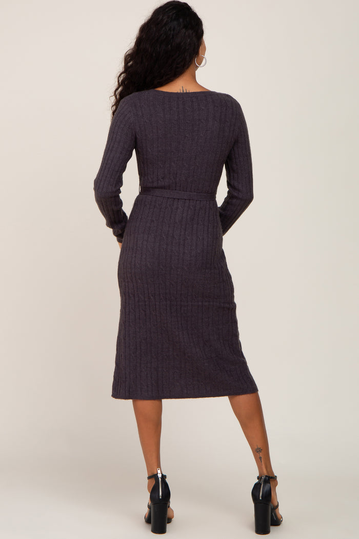 Charcoal Brushed Cable Knit Sweater Dress