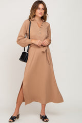 Taupe Button Accent Collared Maxi Dress