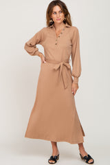 Taupe Button Accent Collared Maxi Dress