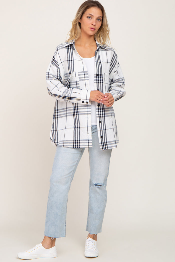 White Plaid Front Pocket Button Up Top