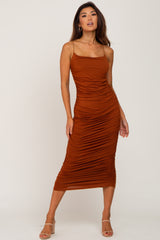 Brown Ruched Fitted Maternity Maxi Dress