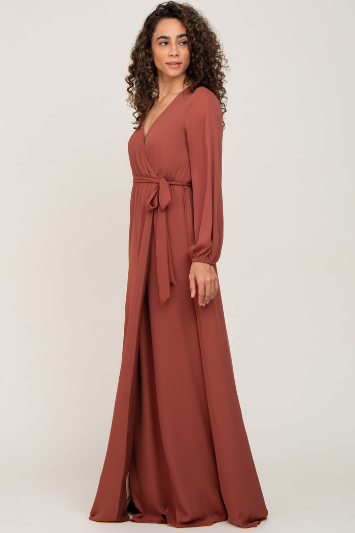 Rust Wrap Front Chiffon Gown