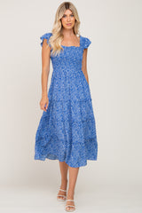 Blue Floral Smocked Tiered Maternity Midi Dress