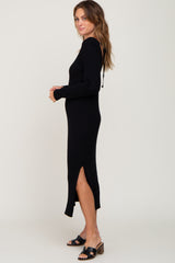 Black Ribbed Side Slit Midi Sweater Dress