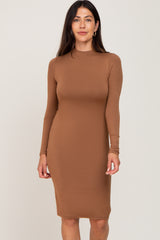 Camel Mock Neck Fitted Maternity Dress