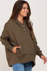 Olive Button Front Ribbed Trim Hooded Maternity Sweatshirt