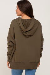 Olive Button Front Ribbed Trim Hooded Maternity Sweatshirt