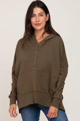 Olive Button Front Ribbed Trim Hooded Maternity Sweatshirt