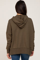 Olive Button Front Ribbed Trim Hooded Sweatshirt