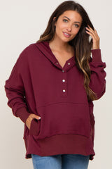 Burgundy Button Front Ribbed Trim Hooded Maternity Sweatshirt