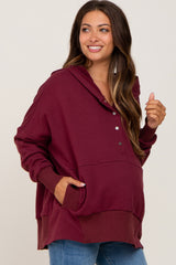 Burgundy Button Front Ribbed Trim Hooded Maternity Sweatshirt