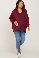 Burgundy Button Front Ribbed Trim Hooded Maternity Sweatshirt