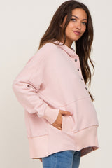 Light Pink Button Front Ribbed Trim Hooded Maternity Sweatshirt