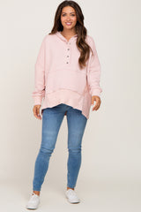 Light Pink Button Front Ribbed Trim Hooded Maternity Sweatshirt