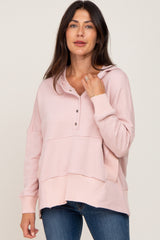 Light Pink Button Front Ribbed Trim Hooded Maternity Sweatshirt