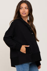 Black Button Front Ribbed Trim Hooded Maternity Sweatshirt