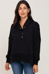 Black Button Front Ribbed Trim Hooded Maternity Sweatshirt