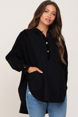 Black Soft Mixed Knit Button Front Hooded Maternity Top