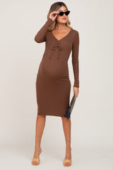 Brown Ribbed Front Drawstring Maternity Midi Dress