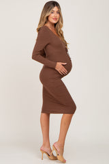 Brown Ribbed Front Drawstring Maternity Midi Dress